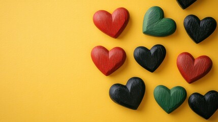 Obraz premium Juneteenth hearts in red, green, and black arranged on yellow for promotional use
