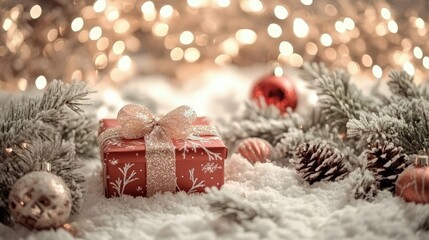 Red gift box with ribbon in snowy scene with bokeh lights and ornaments.