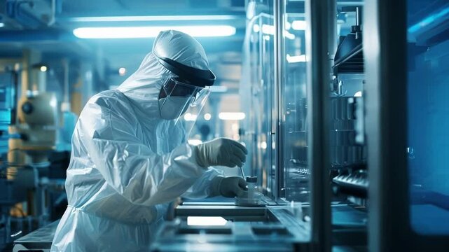 Scientist in protective wear is working on microchip production in a high tech factory. The blue lighting creates a futuristic atmosphere