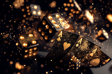 
A stylish casino banner with a sophisticated black and gold theme, featuring elegant images of high-stakes poker games, crystal-clear dice, and royal flush cards, with an upscale font for the casino