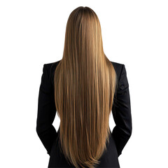 Naklejka premium Business woman with long hair facing transparent background, poised and confident in professional attire, Back View Business Woman with Long Hair on transparent background