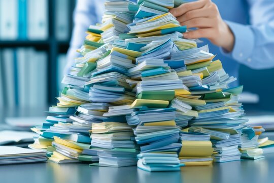 A person who arranges office documents into neat stacks. Generative AI