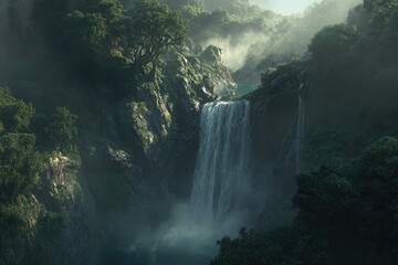A majestic waterfall cascades down a lush, misty gorge, surrounded by ancient trees and verdant cliffs.