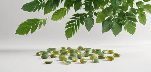 Herbal supplement capsules with vibrant green leaves on white backdrop, wellness lifestyle, detox regime, natural health