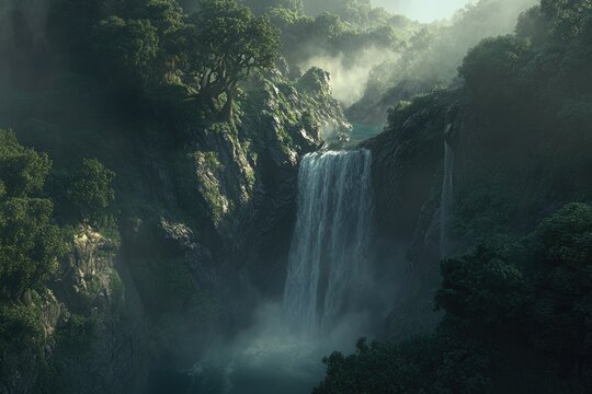 A majestic waterfall cascades down a lush, misty gorge, surrounded by ancient trees and verdant cliffs. - Powered by Adobe