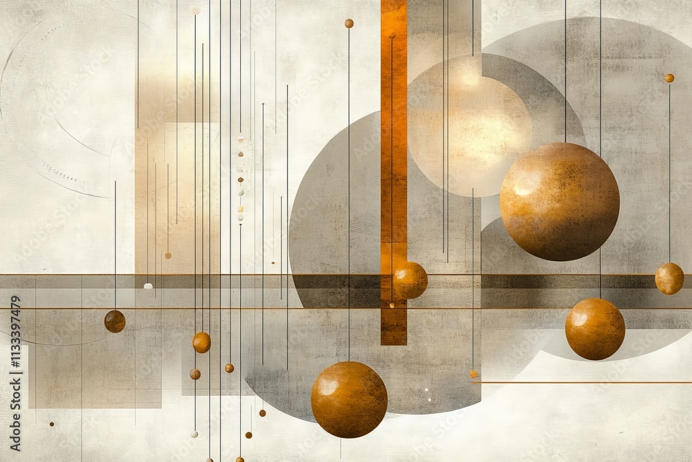 Poster abstract geometric design featuring spheres and lines in warm tones on a textured background