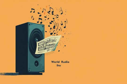 World radio day celebration with music notes and speaker art - Powered by Adobe