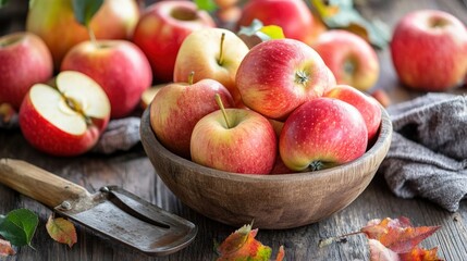 Wooden bowl filled with red apples, autumn leaves.