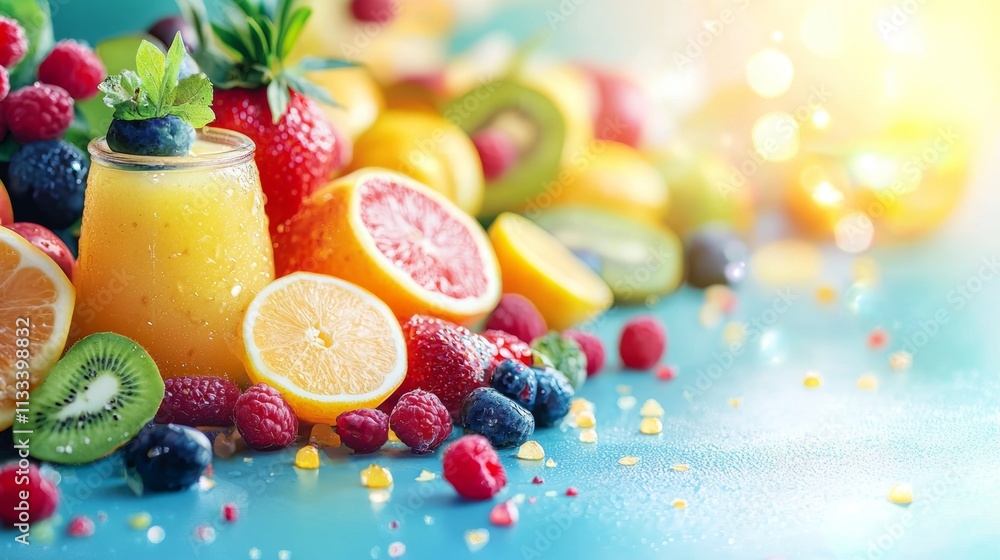 Wall mural Colorful assortment of fruits and berries with a glass of orange juice