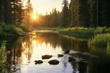 Fototapeta premium Serene sunset over tranquil river with gentle ripples and wildlife among lush trees in a peaceful landscape