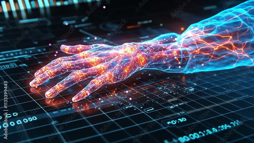 Poster futuristic digital hand interface with glowing lines and data on dark background