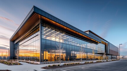 Obraz premium Modern Glass-Faced Corporate Office Building at Sunset