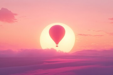 Fototapeta premium A red hot air balloon gracefully floats above a dreamy pink sunset, casting a serene and magical atmosphere.