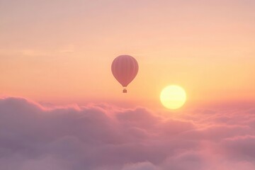 Obraz premium A serene hot air balloon floats above a dreamy sunset, casting a warm glow on the clouds below.