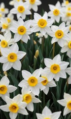Fototapeta premium group of white daffodils with bright yellow centers, sunny, organic, harmony