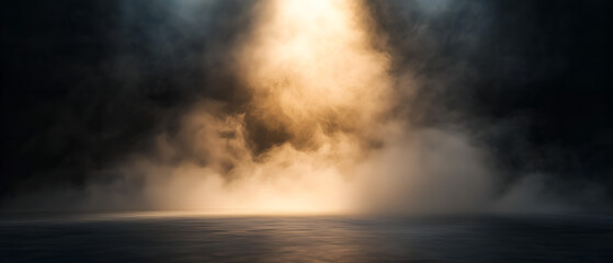 Fototapeta premium explosion of smoke floating up in dark interior; astonishing background for advertising with copy space; no people, no objects