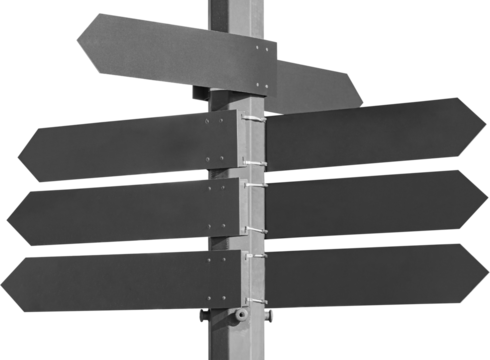 eight information signs pointers on a metal pole