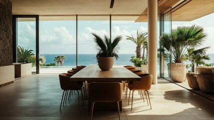 Fototapeta premium Aesthetic modern minimalist dining room with a wooden table,soft brown chairs and ocean view from the panoramic windows. Plants in a stone pots.