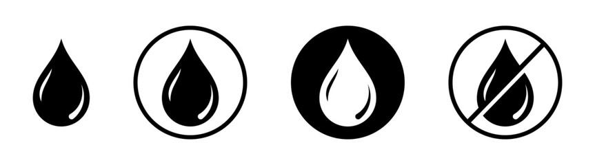 Water drop shape. Water droplets icon collection in the circle. Set of no water drop sign symbol.