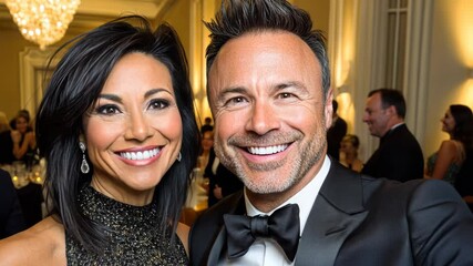 Joyful celebration at elegant evening gala event with smiling couple