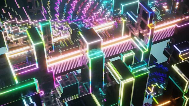 Futuristic CPU computer ride animation abstract VJ background lines glowing loop 4K

