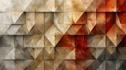 Abstract geometric background with textured triangular shapes in beige, brown, and red tones. Modern low-poly design concept for wallpaper, poster, banner, or interior decor


