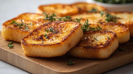 A close-up of golden, crispy bread slices garnished with fresh thyme on a wooden board.