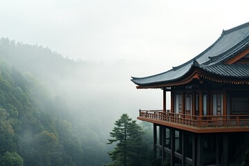 Obraz premium Serene mountain retreat showcasing traditional architecture surrounded by misty forests