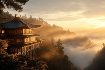 Obraz premium Sunrise illuminates traditional architecture in misty mountain landscape
