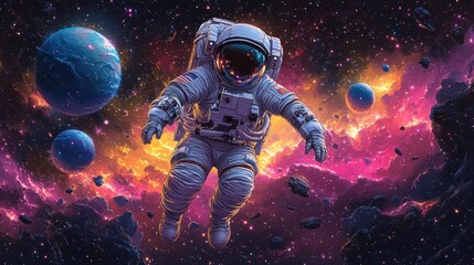Fototapeta premium An astronaut floats in a vibrant cosmic scene filled with planets and colorful nebulae.