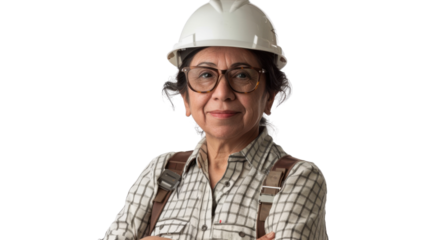 Mexican middle age female engineer with safety helmet on white background