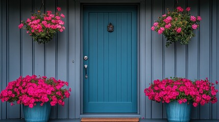 A vibrant blue door framed by blooming pink flowers in hanging pots and planters.