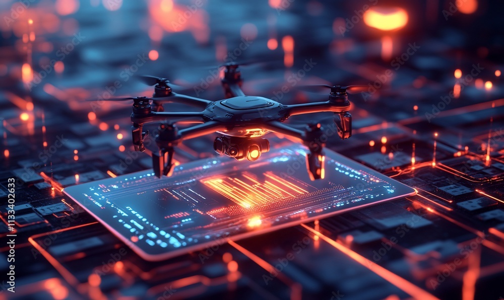 Poster A drone hovering over a digital interface with glowing data elements.