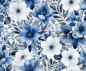 Hand-painted watercolor flowers in shades of blue and white for a serene winter pattern, blue, seamless, tileable, winter