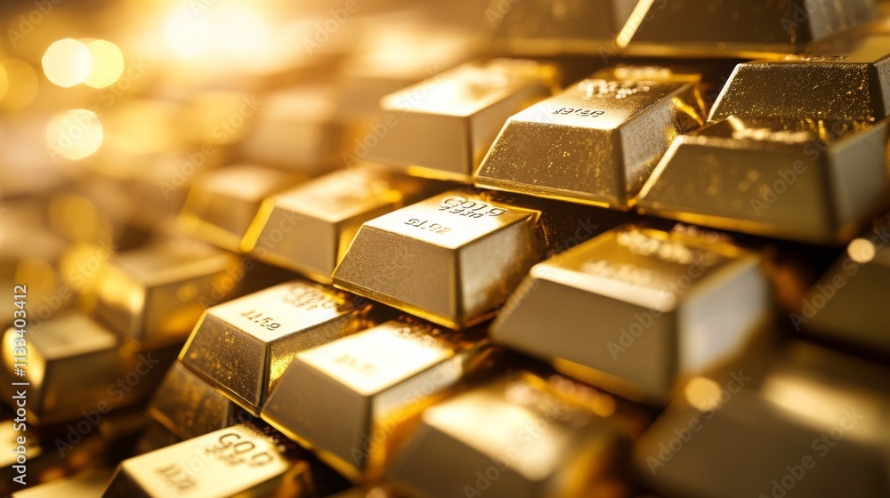 Poster a stunning arrangement of gold bars beautifully piled together glinting in warm light, symbolizing w