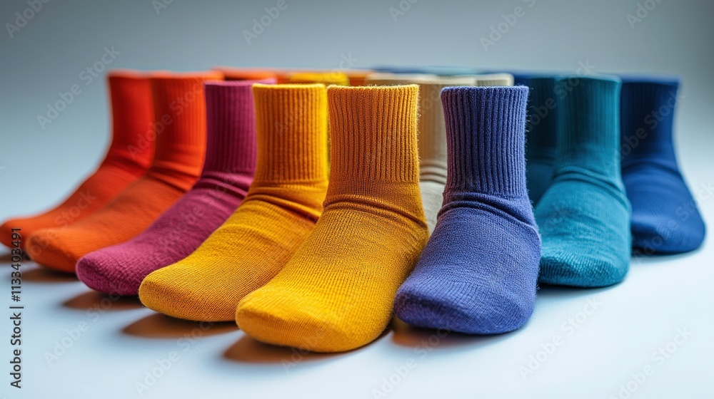 Poster colorful array of soft cotton socks in various shades displayed against a minimalistic background fo