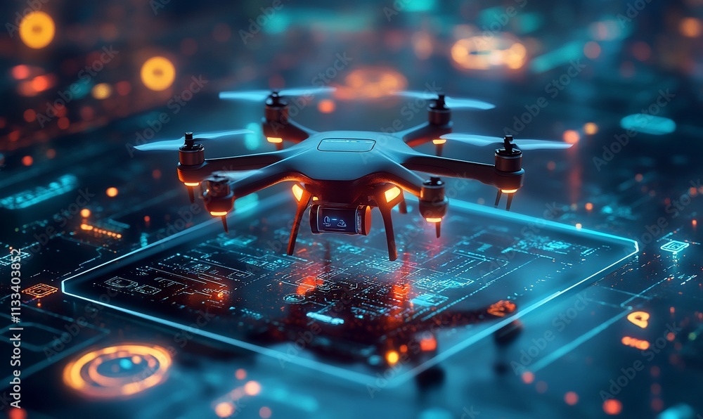 Poster a futuristic drone hovering above a digital circuit board.