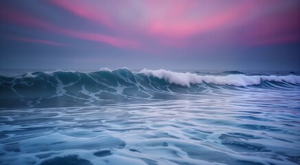 Obraz premium ocean waves at dawn, gently rolling onto the shore in the light of a warm dawn. Bright shades of orange and pink create a tranquil atmosphere. For projects about nature, vacation 