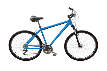Obraz premium Blue bicycle, side view. Black leather saddle and handles. Png clipart isolated on transparent background