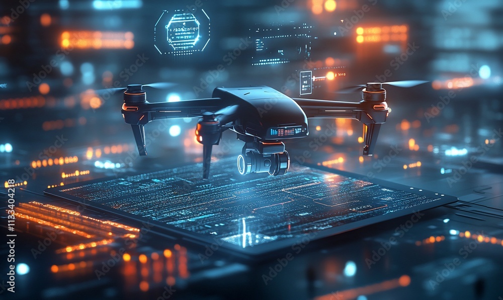 Poster A futuristic drone hovering over a digital interface, symbolizing technology.
