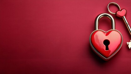 Heart-shaped lock and key on red background.