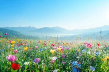 Fototapeta premium A dew-covered meadow filled with colorful spring flowers under a clear blue sky, framed by distant mountains in soft morning light.