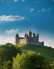 Fototapeta premium Majestic medieval castle on a verdant hill under a vibrant blue sky.