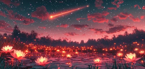 Fototapeta premium A dreamlike coral-hued night with a shooting star crossing above an enchanted meadow of glowing lilies and a pond reflecting the pastel sky.