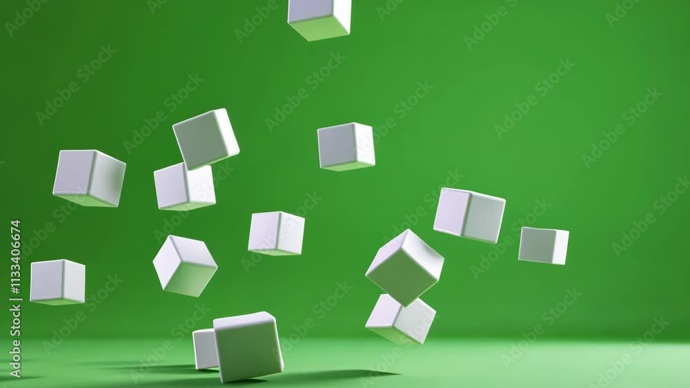 Poster cubes of different sizes shimmering as they rotate in place. green screen chromakey