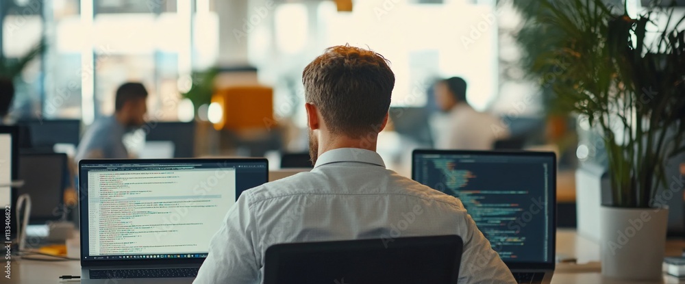 Poster A person coding at a desk in a modern office environment.
