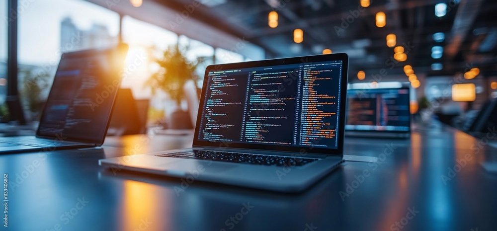 Aufkleber A modern workspace with a laptop displaying code and a city view.
