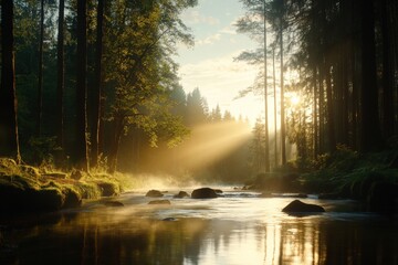 Serene morning light filters through the trees by a tranquil river in a forest at sunrise