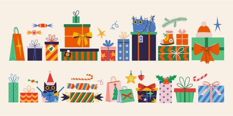 Christmas and New Year gifts package set, boxes and bags with festive decorations like ribbons and bows, wrapping paper. Trendy modern isolated vector illustration, hand drawn, flat design