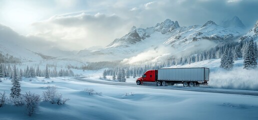 A red truck navigates a snowy mountain road under a cloudy sky.
